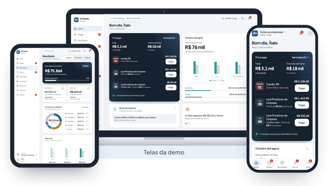 Telas do Di Marzio Gestão no tablet, computador e celular com contas a pagar e resultado do mês