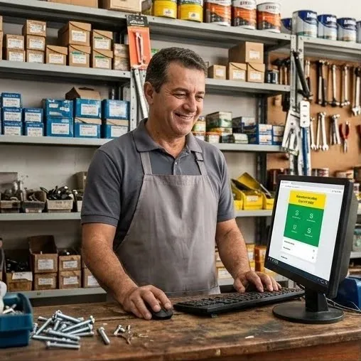 Dono de loja de ferragens usando o computador no balcão