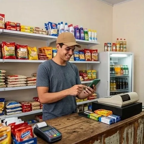 Rapaz no caixa de um mercadinho olhando o celular