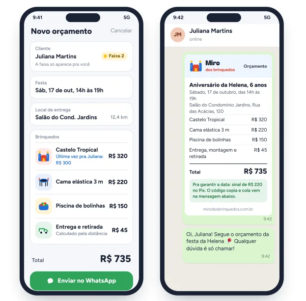 Orçamento montado no celular e enviado ao cliente pelo WhatsApp