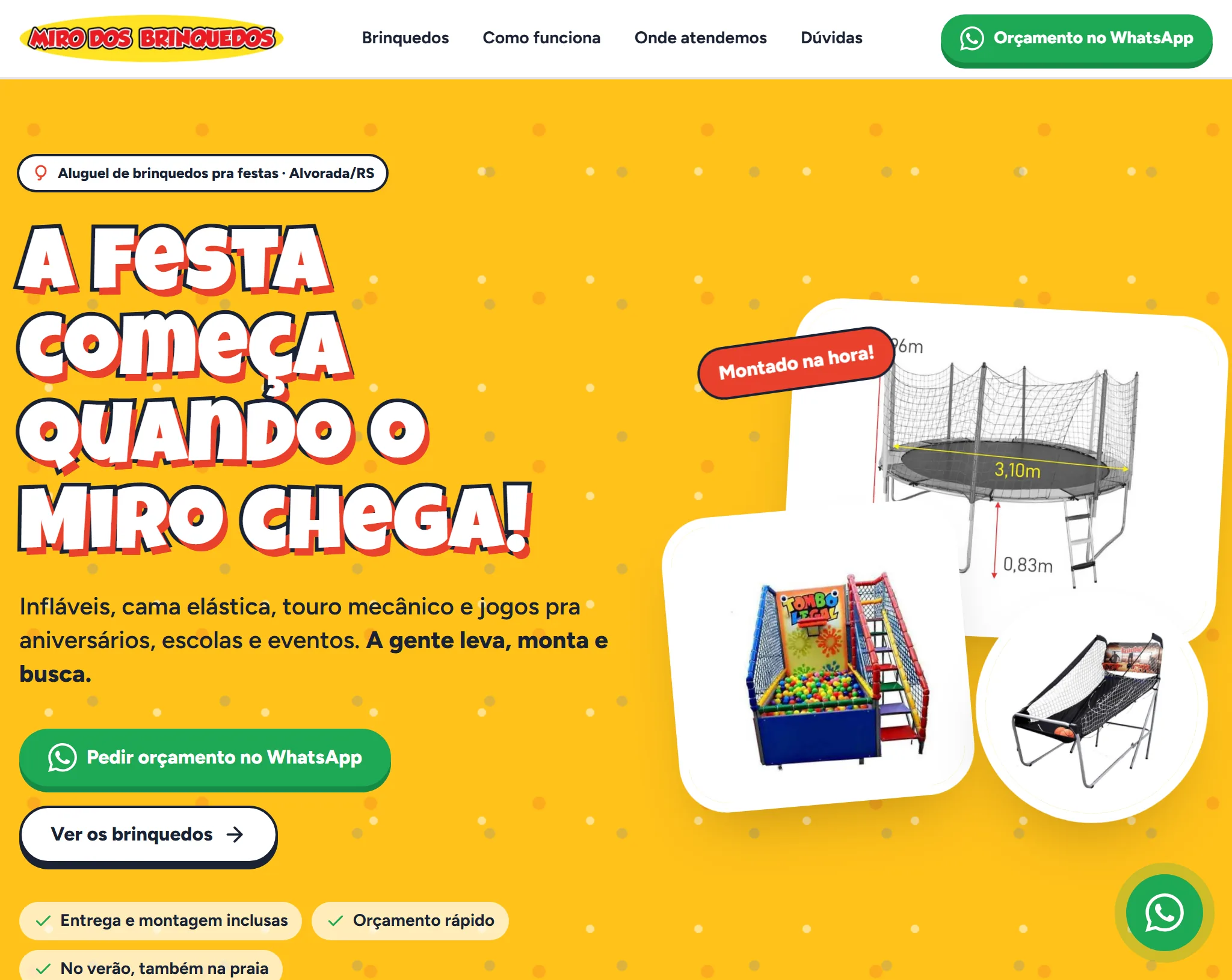 Site do Miro dos Brinquedos com chamada para orçamento no WhatsApp